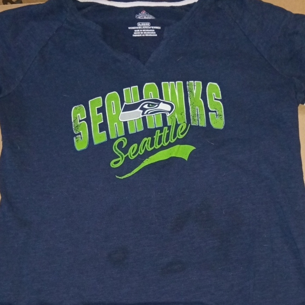 Majestic Navy V-Neck Seahawks Tee with Lime Green Logo